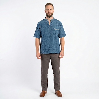 Men's Cotton Stonewashed Half Sleeve Kurta with Stripy Collar/Pocket